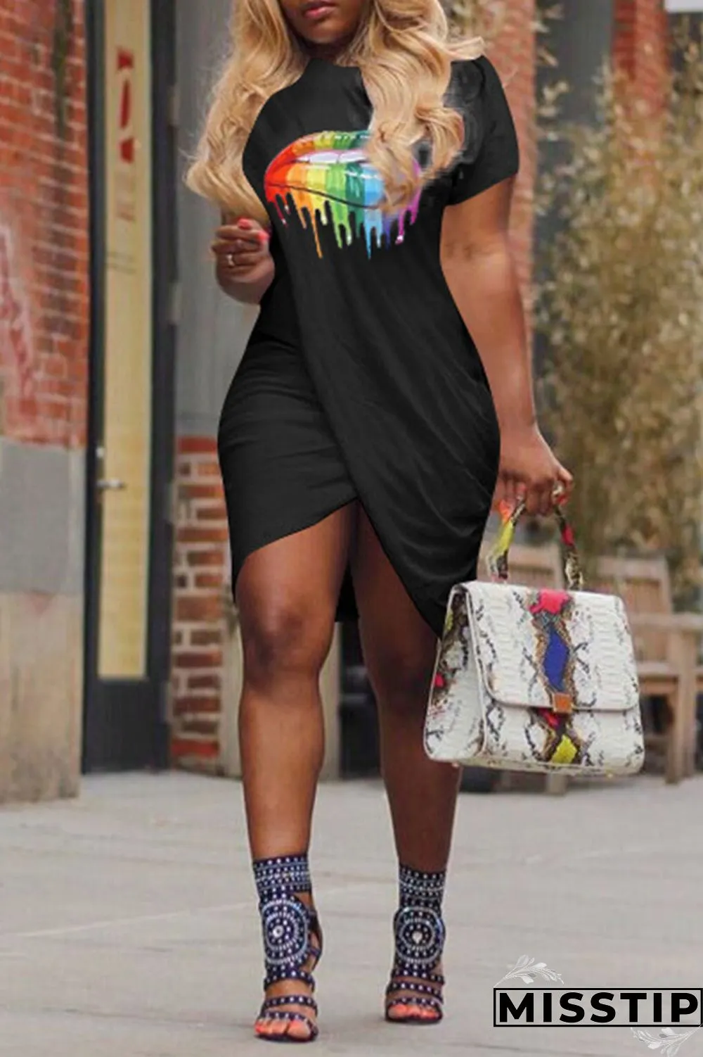 Orange Fashion Casual Lips Printed Patchwork O Neck Short Sleeve Dress Dresses