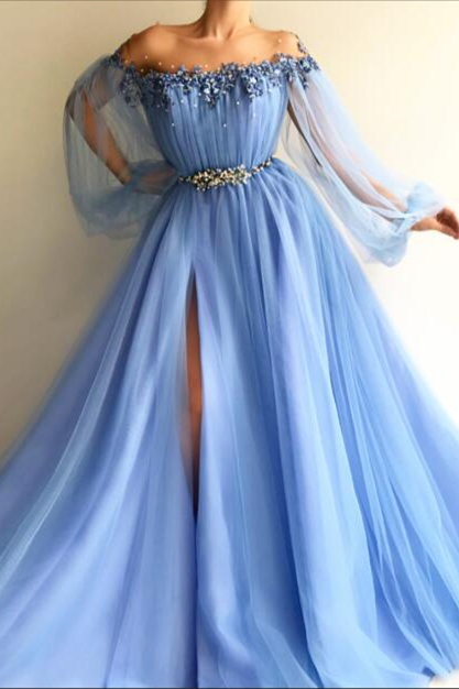 Ovlias Blue Off-the-Shoulder Long Sleeve Evening Dress with Beads PD0433