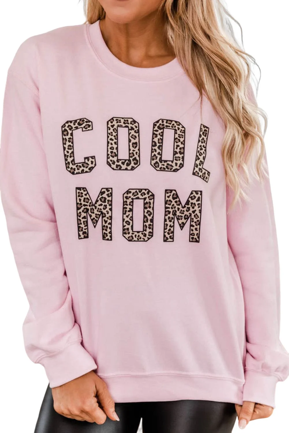 Pink COOL MOM Leopard Print Pullover Sweatshirt