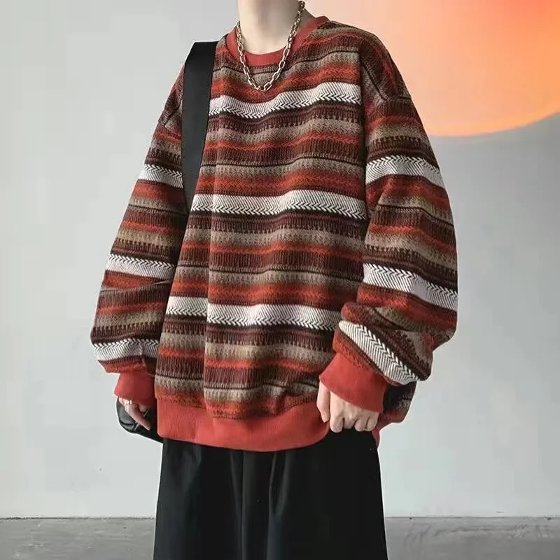 Aonga Unisex Man Striped Knit Sweater Spring Autumn Retro Hip Hop Pullovers Tops Female Oversize Couples Japanese Men's Hoodie