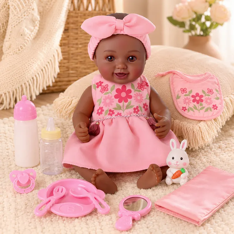 Babeside Nico 12" African American Baby Doll Girl &ndash; Smiling Little Infant in Pink Floral Dress with Matching Bow Headband