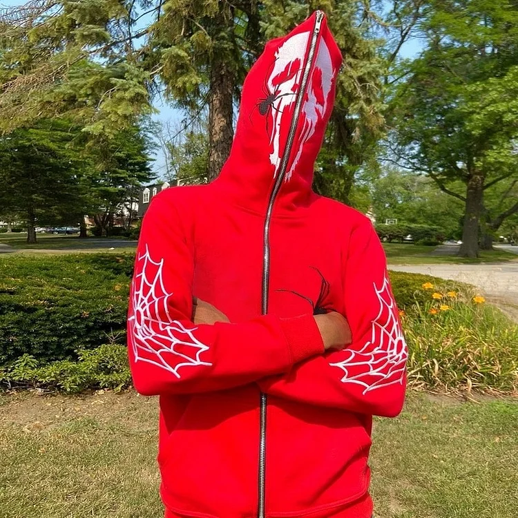 Spider Web Print Hip Hop  Full Zip Up Red Hoodie Sweatshirt at Hiphopee