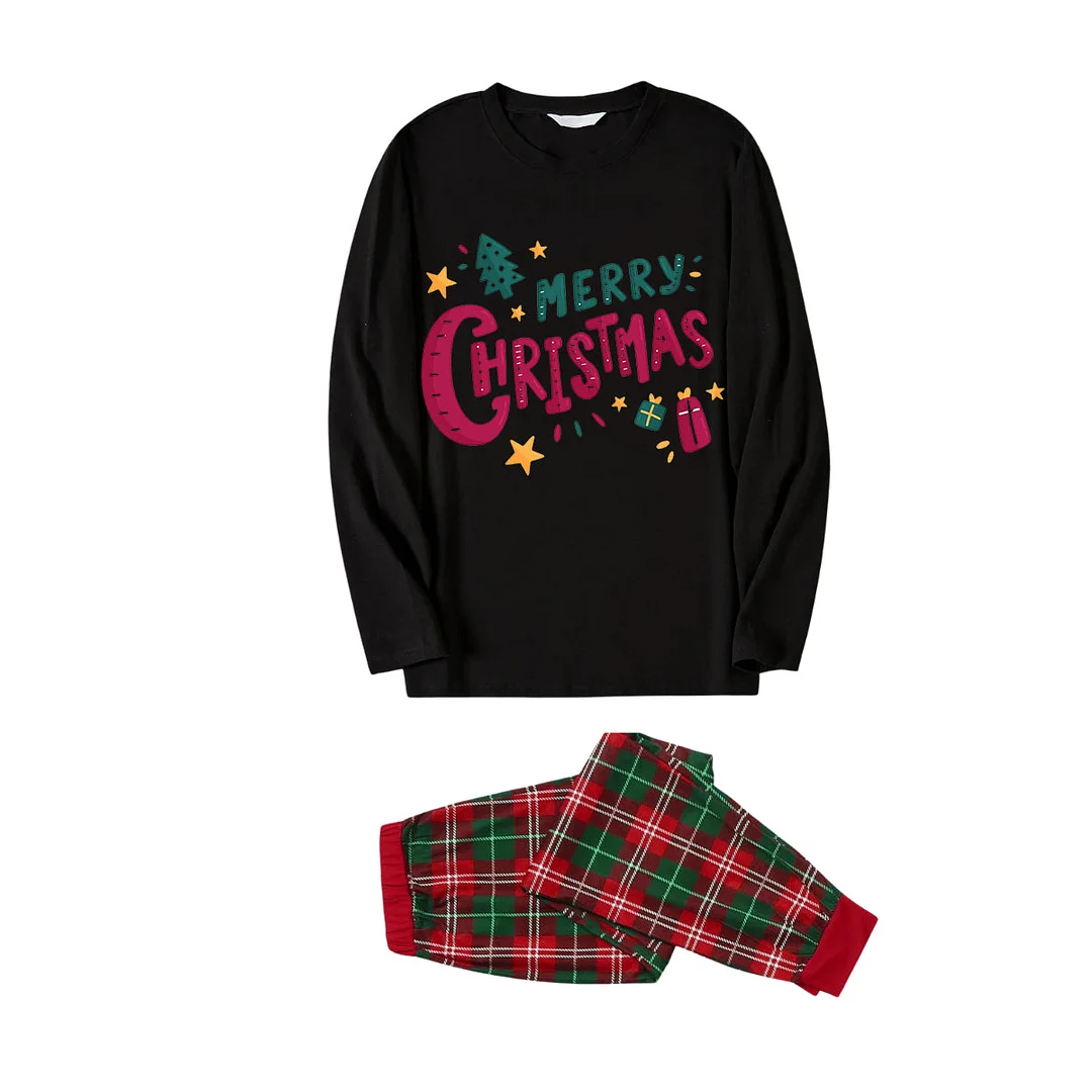 "Merry Christmas" With  Little Decorations - Black Long Sleeves with Green&Red&White Plaid Pants Family Matching Pajamas