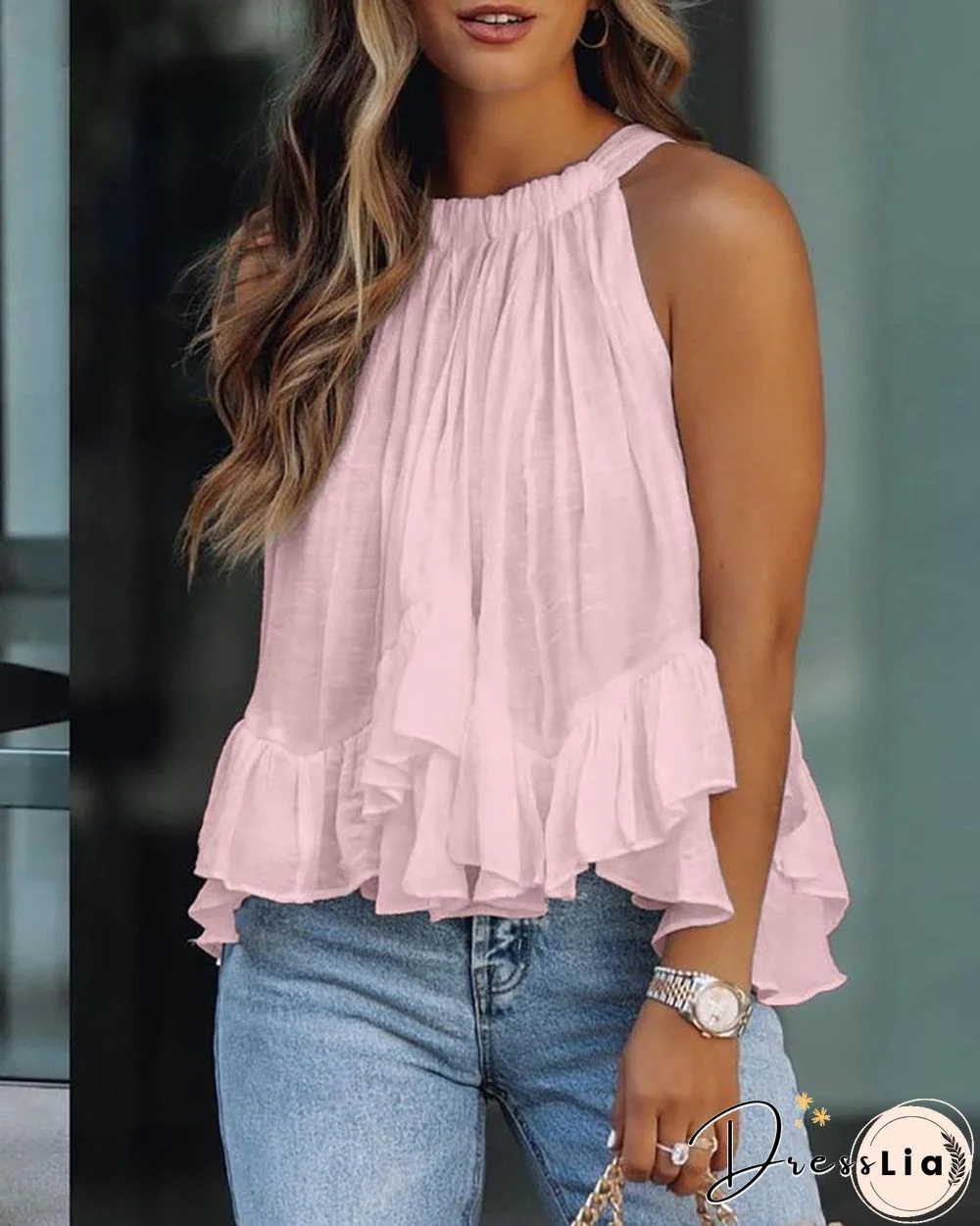 Halter Ruched Ruffles Sleeveless Casual Top P12243