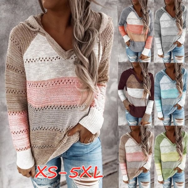 Stitching Color Hoodies Long Sleeve Knitted Pullover Sweaters Casual Tops Sweaters For Women - Shop Trendy Women's Fashion | TeeYours