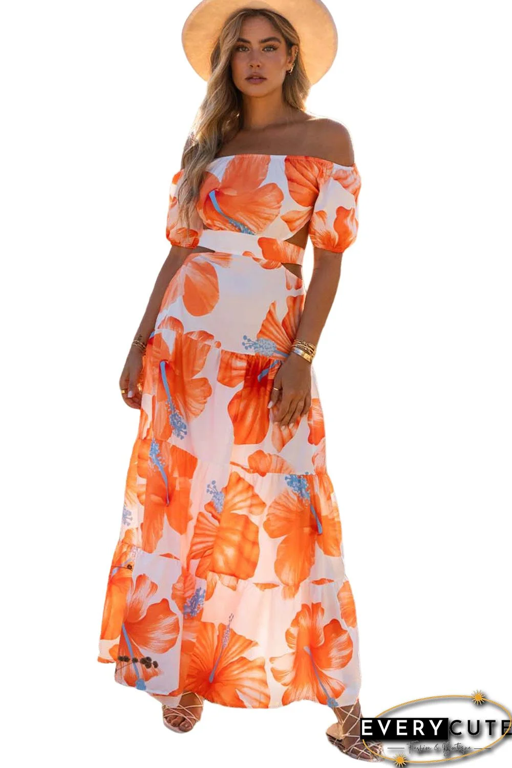 Orange Floral Print Off Shoulder Backless Maxi Dress