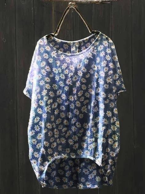 Blue Short Sleeve Floral Linen Vintage Shirts & Tops