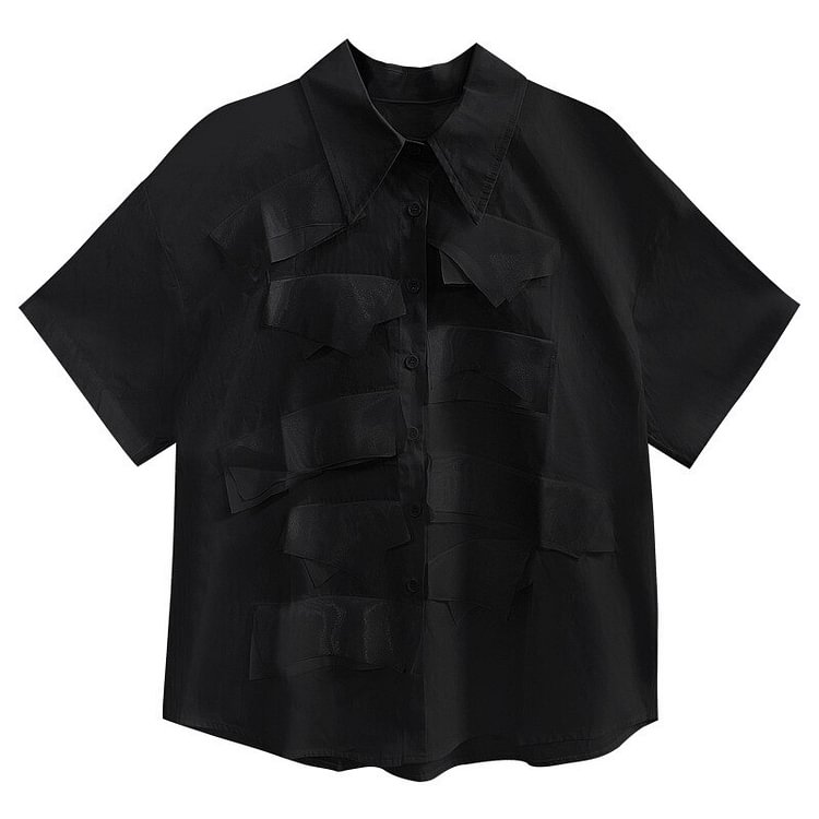 Fashion Loose Solid Color Turn-down Collar Patchwork Short Sleeve Shirt      