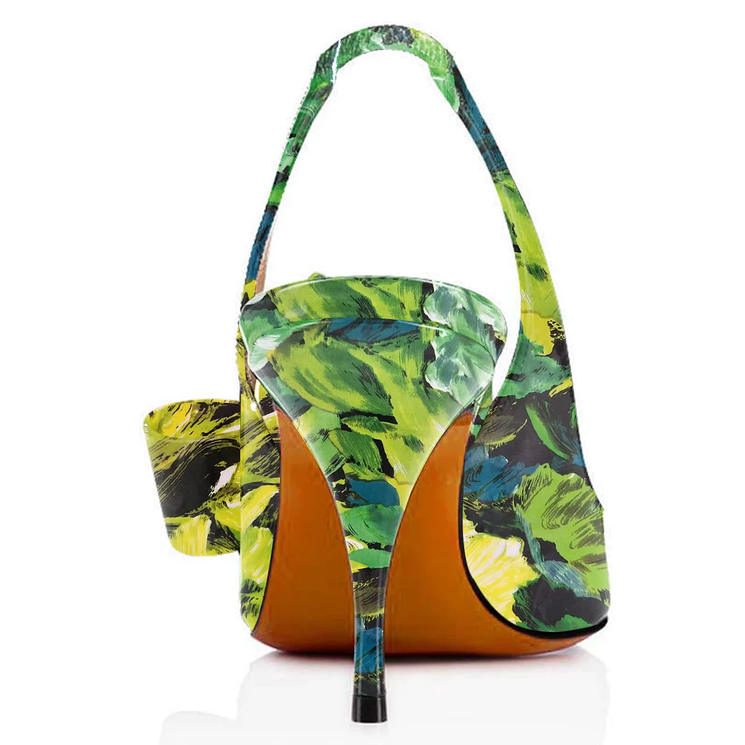 Eye-Catching Printed Patent Leather Bow Inlay Pointed Slingback Pumps