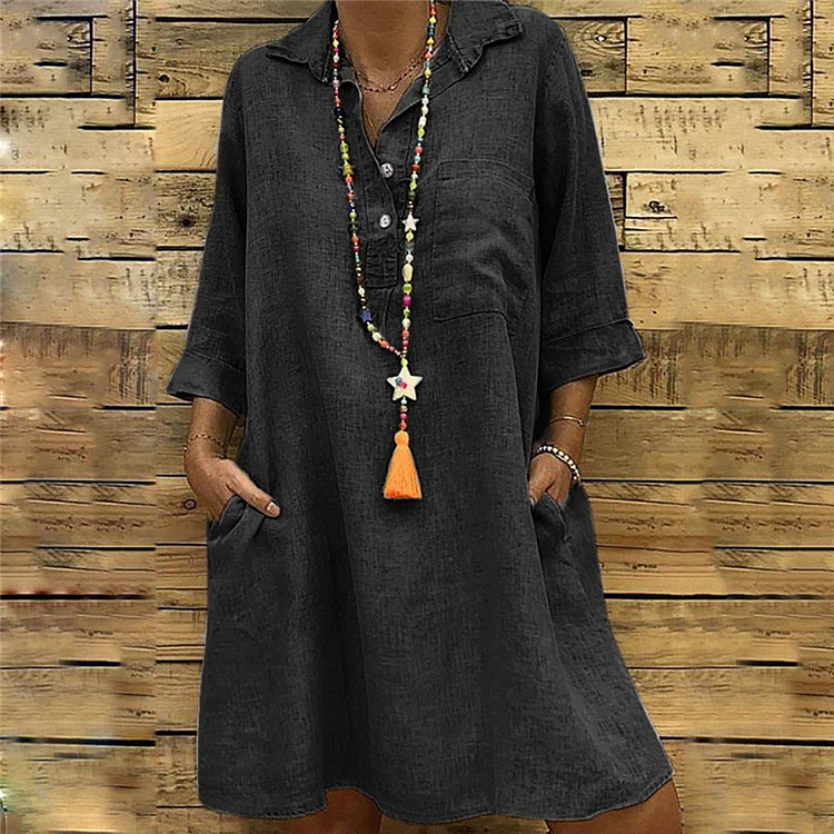 Women Vintage Pocket Casual Shirt Dress