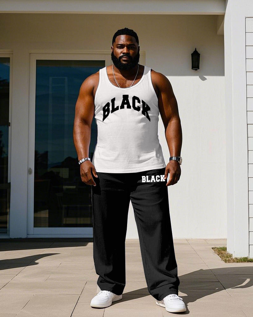 Men's Plus Size Casual "BLACK" Printed Vest Trousers Suit