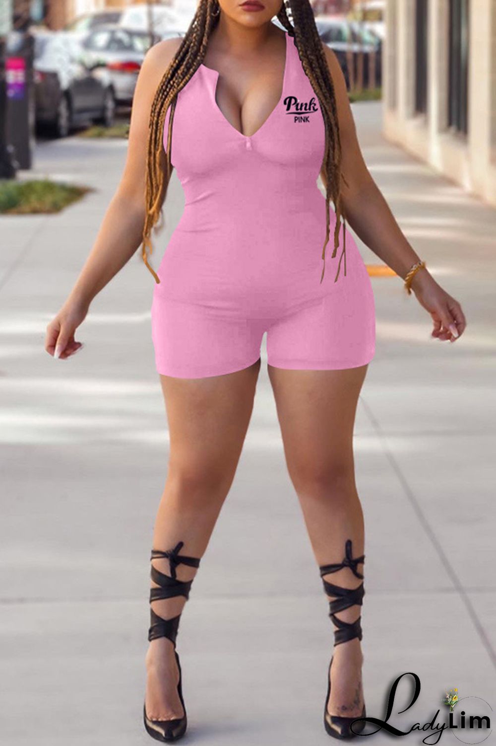 Blue Fashion Casual Letter Print Basic Zipper Collar Skinny Romper