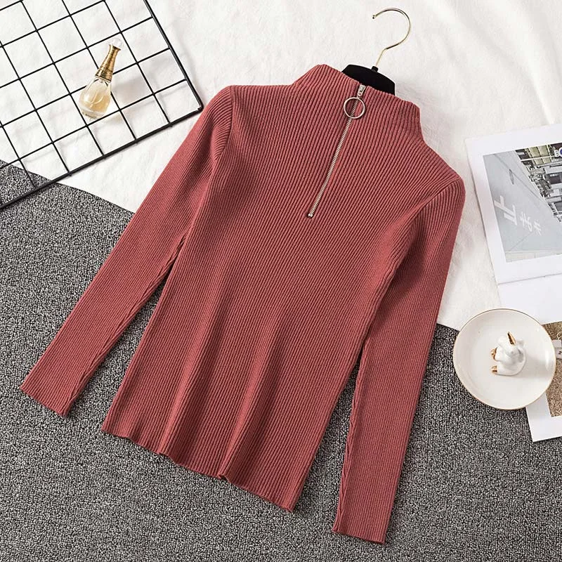 Pullover Women 2020 Fashion Zipper Turtleneck Knitted Sweater Casual Ribbed Knit Winter Tops Woman Sweaters Pullovers Knitwear