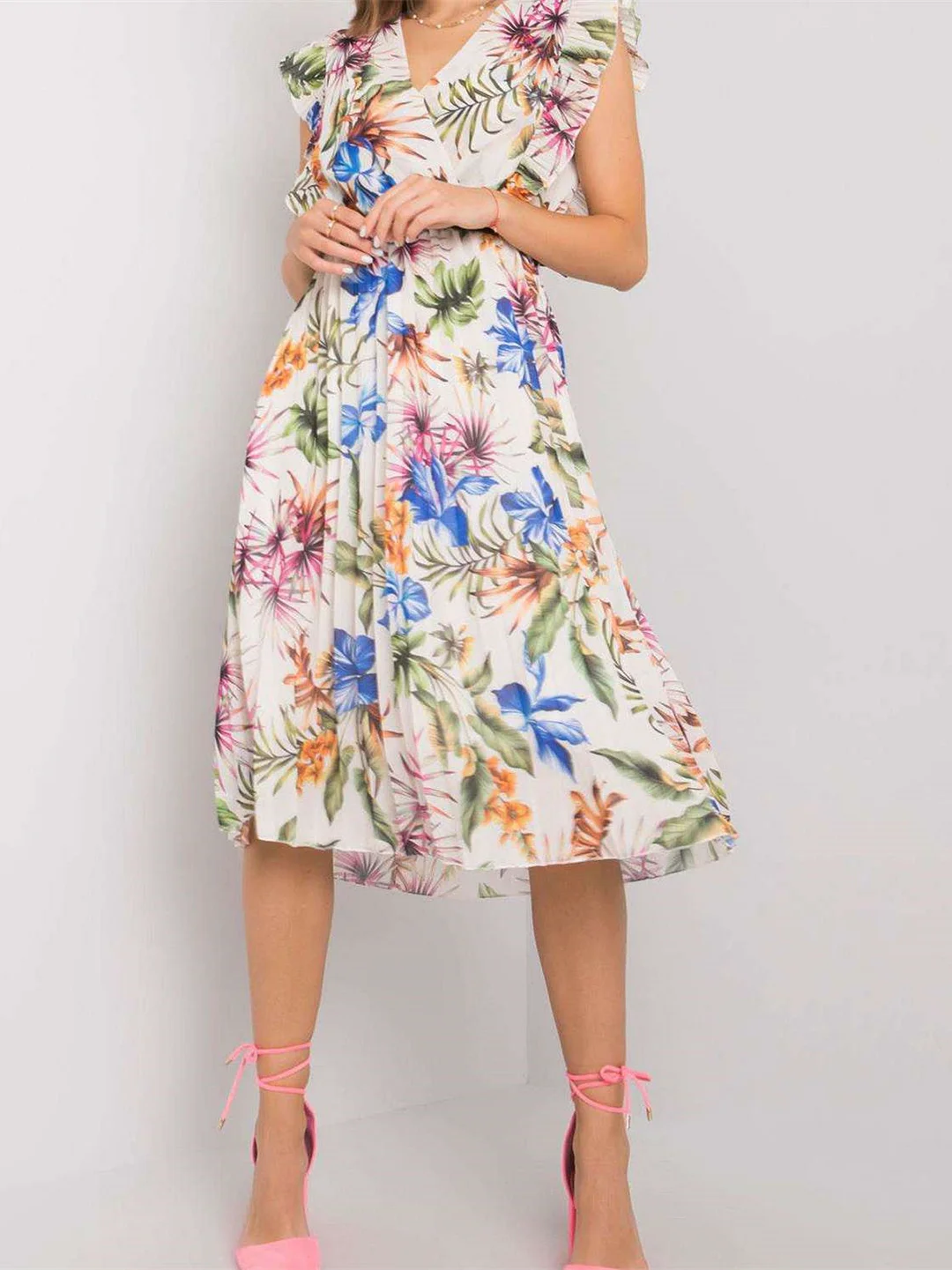 Fashion Print Flower V-Neck Short Sleeve Loose Dress