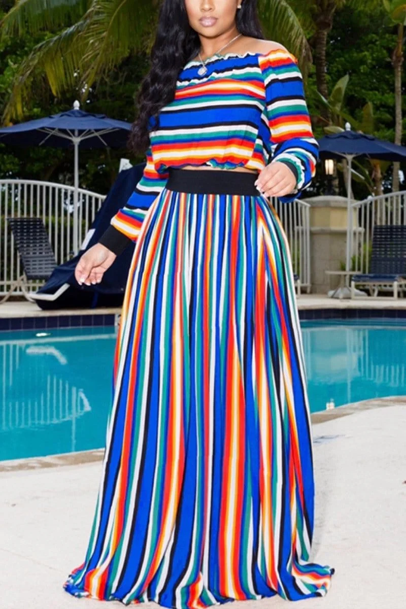 Fashion Casual Striped Printing Skirts Set