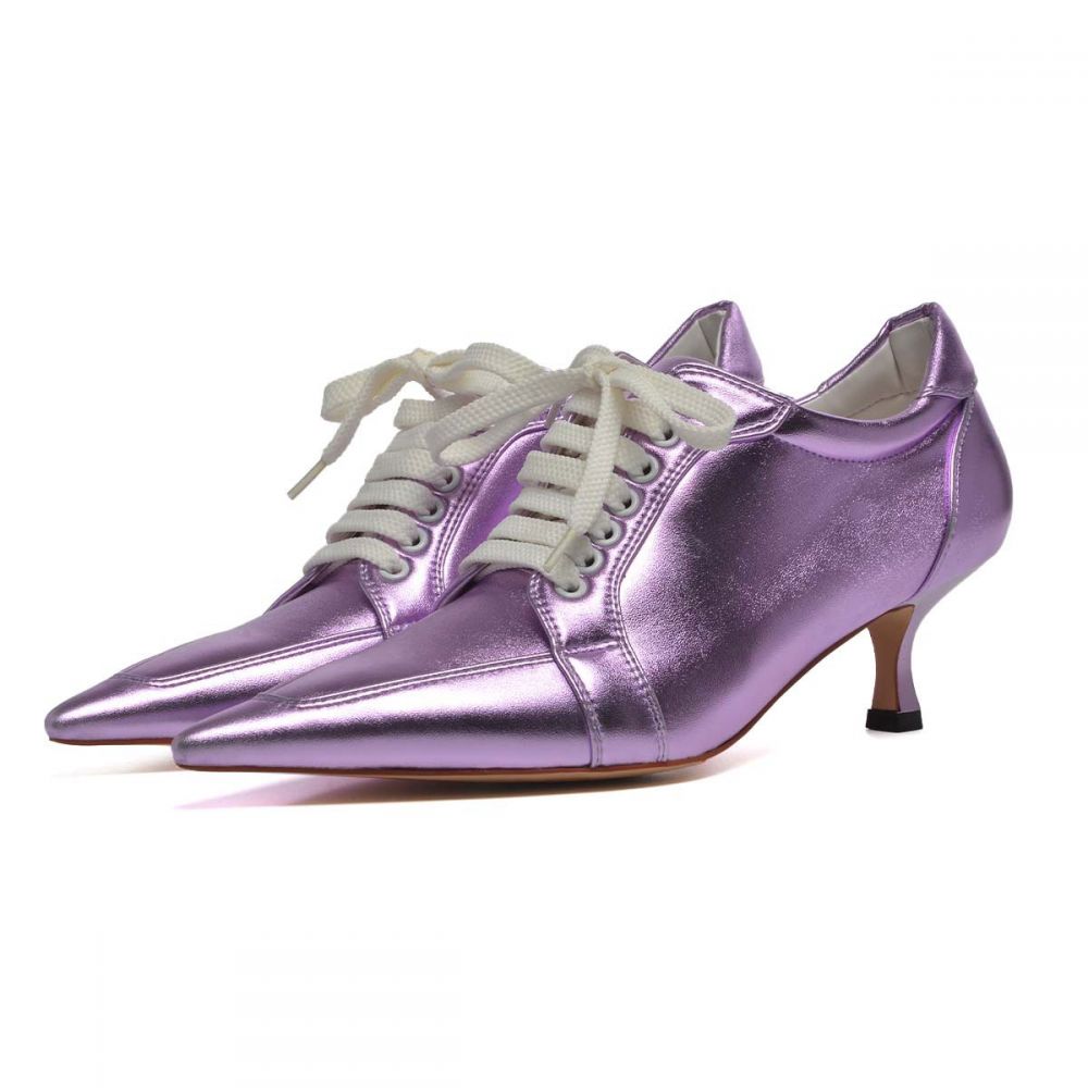 Lavender Metallic Finish Pointed Toe Lace-Up Oxford Heels Nicepairs