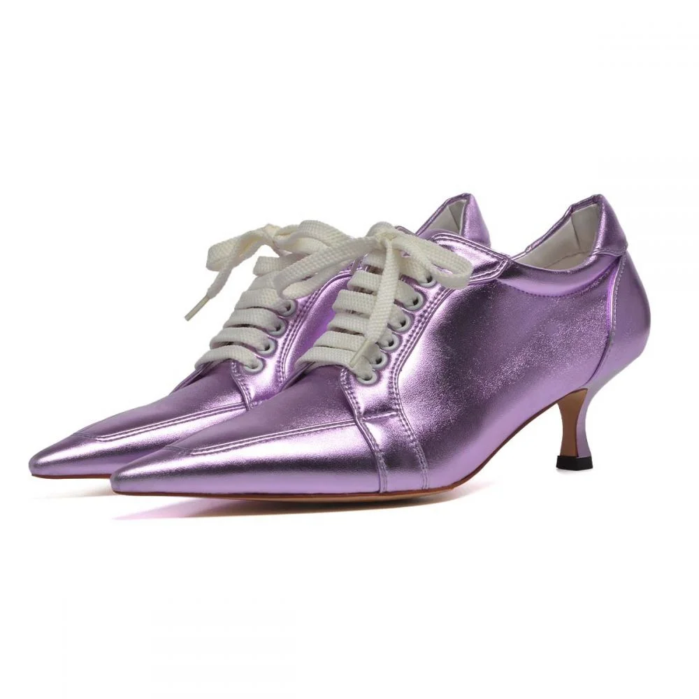 Purple Patent Leather Pointed Toe Oxfords Lace-up Kitten Heels Nicepairs