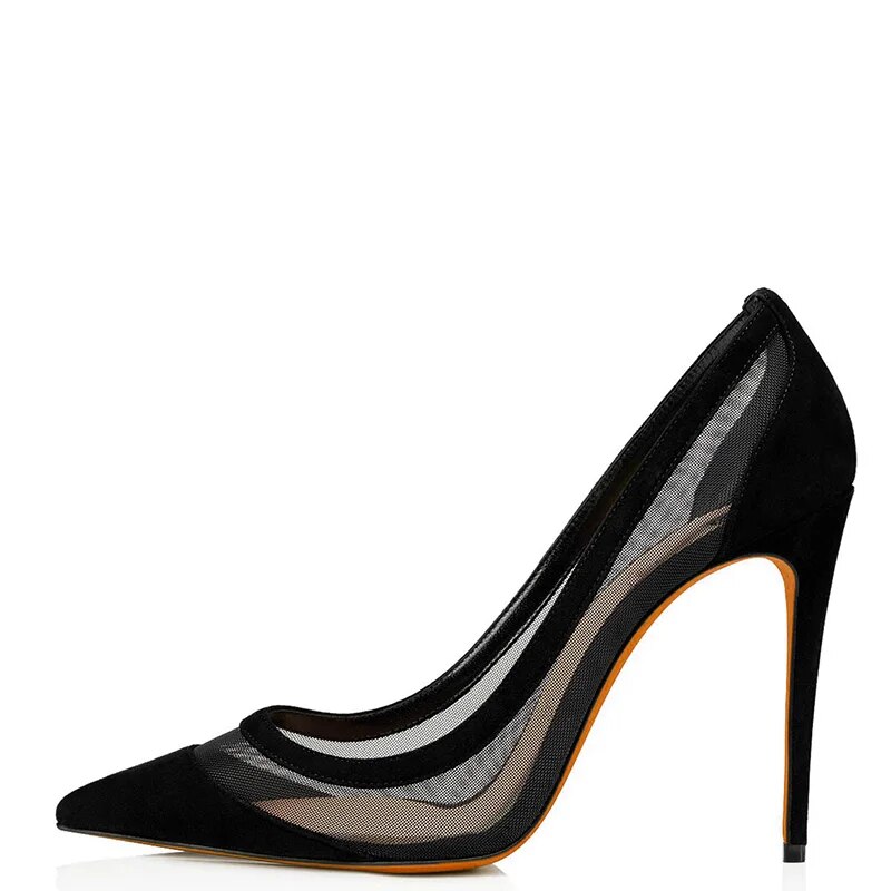 TAAFO Black Mesh Patchwork High Thin Heels Woman Pumps Pointed Toe Ladies Office Shoes 