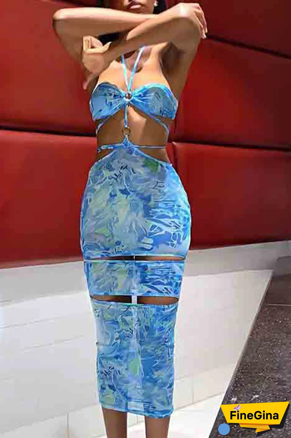 Sky Blue Sexy Print Hollowed Out Halter Pencil Skirt Dresses