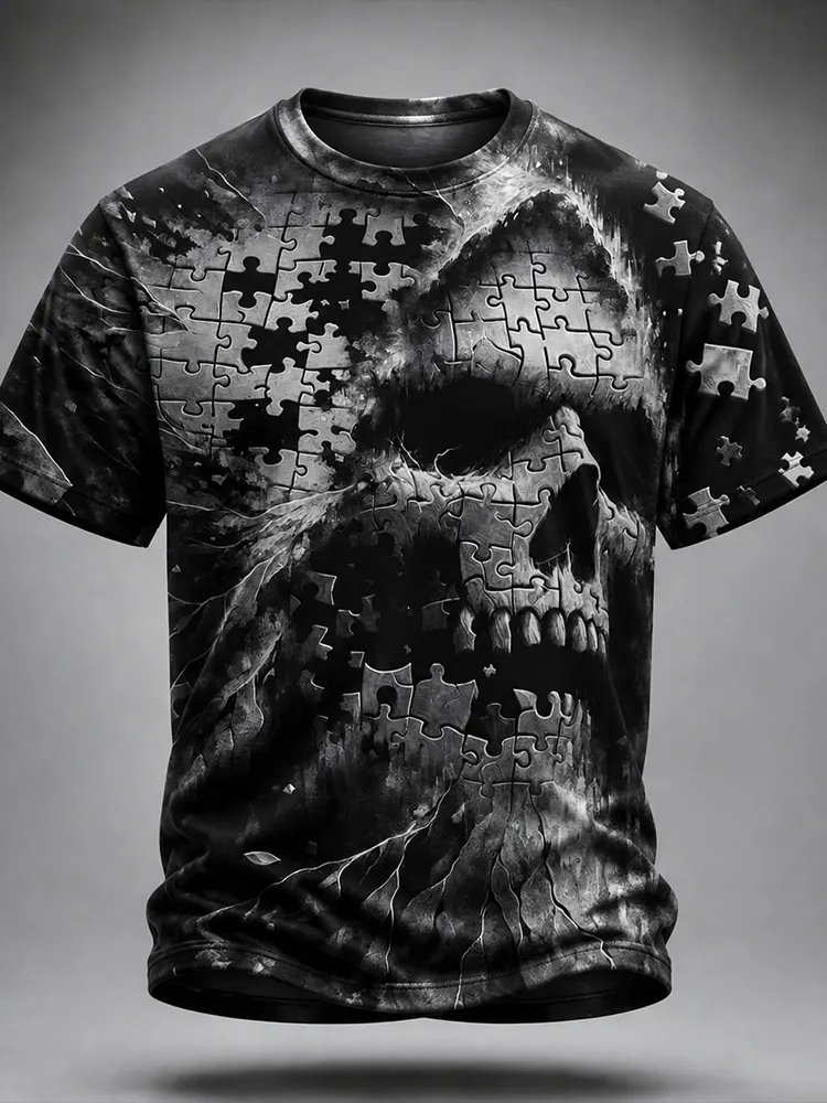 Men's Halloween Skeleton Puzzle 3d Art Print Distressed Crewneck T-shirt