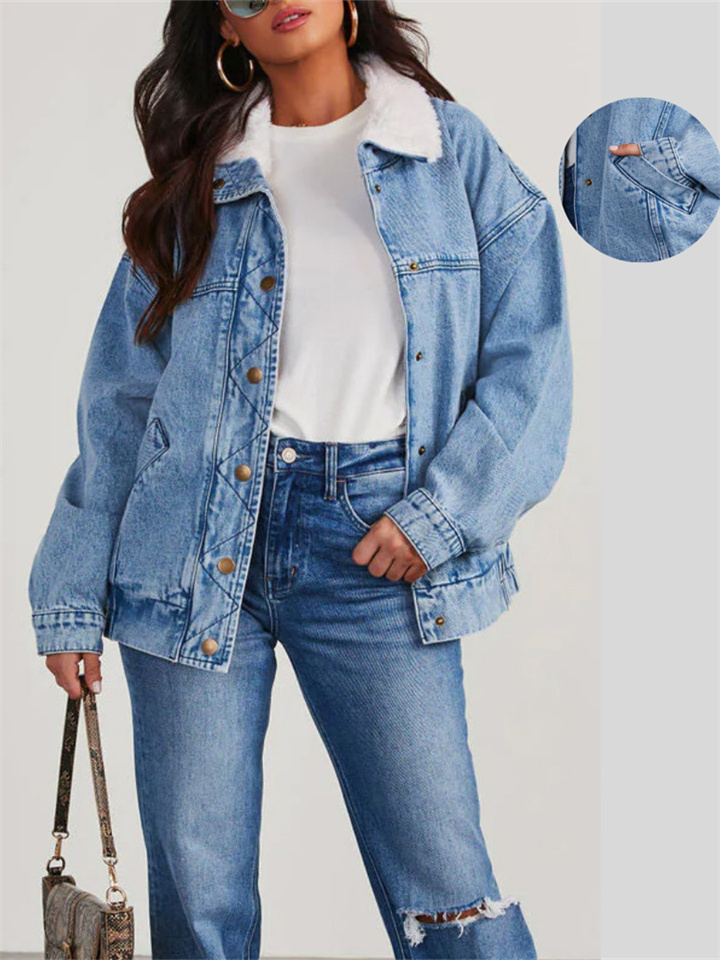 New Women's Fall and Winter Jacket Denim Cotton Loose Hair Collar Large Lapel Double Insert Pockets Quilted Coat