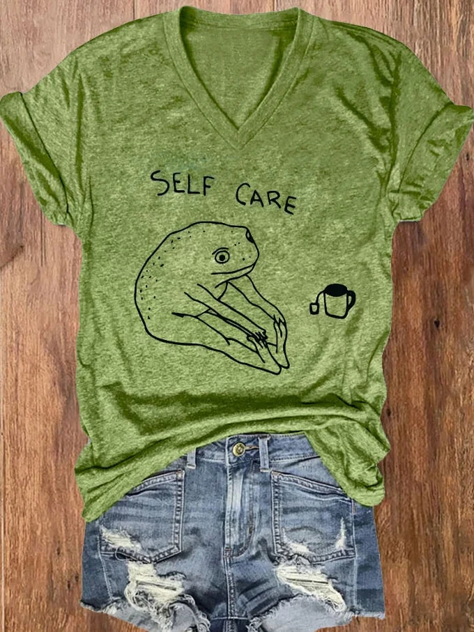 Women's Self Care Frog Drinking Coffee Mental Health Print V-Neck T-Shirt