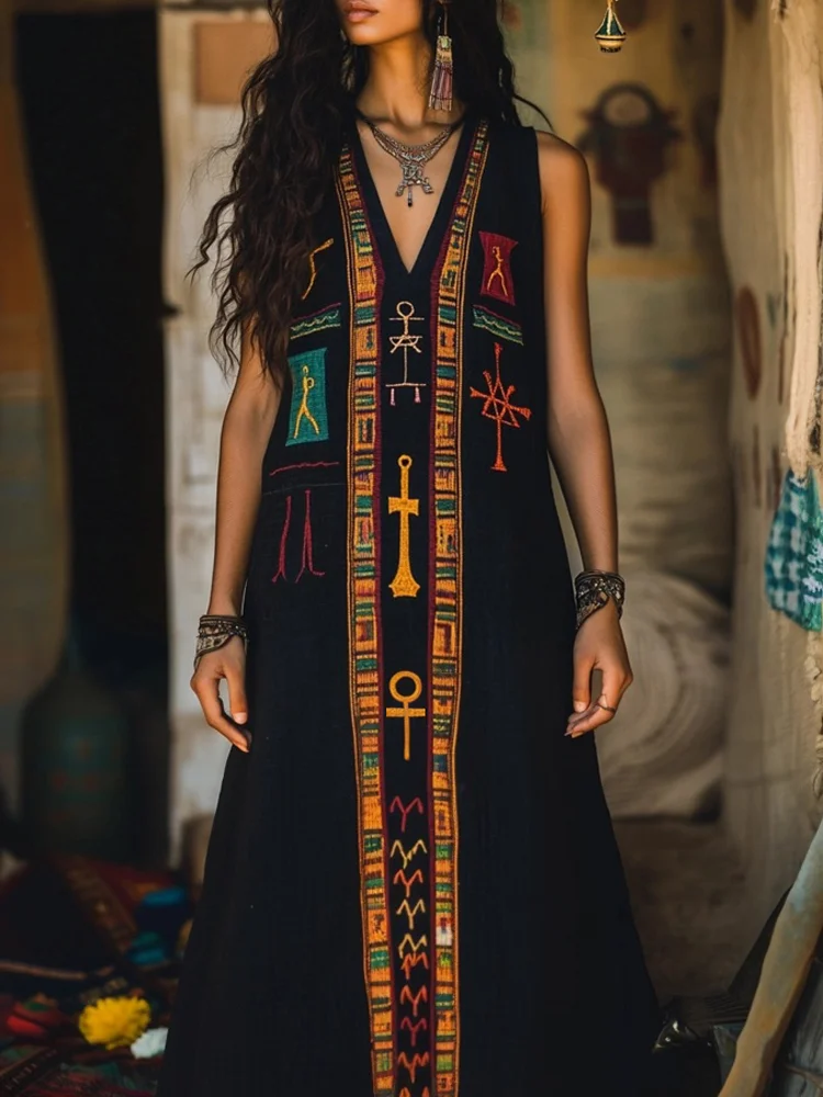 Ancient Egyptian Inspired Embroidered Cozy Linen Maxi Dress