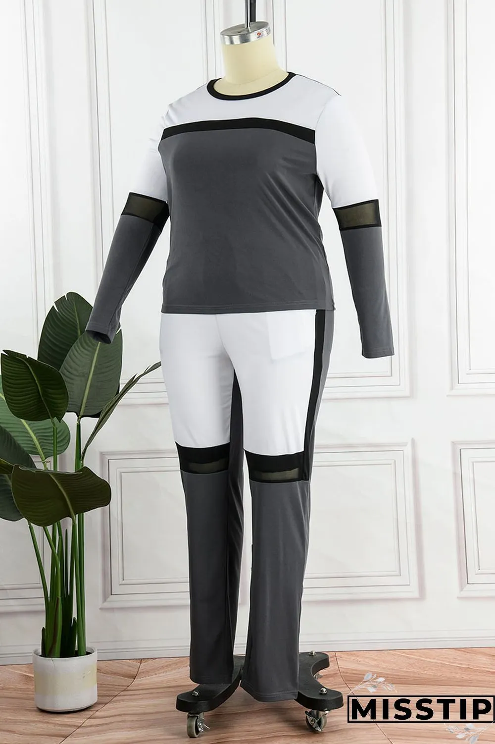 Grey Casual Sportswear Solid Patchwork O Neck Plus Size Two Pieces