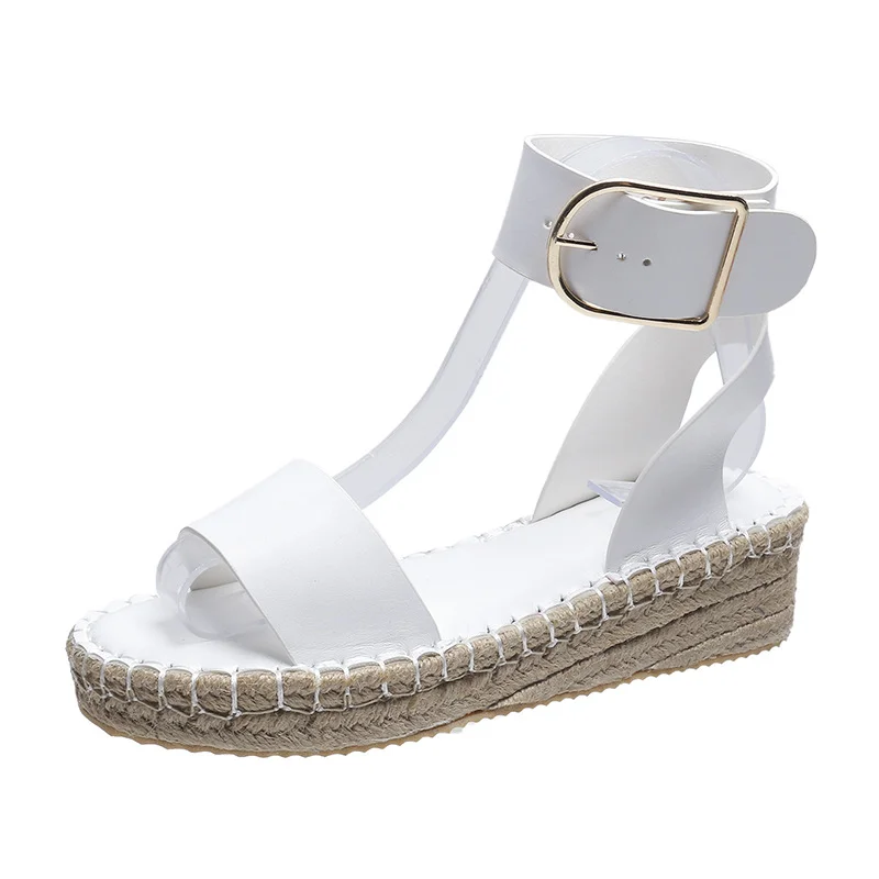 Yyvonne And Summer New Belt Buckle One-Word Slope Sandals Women's Flat Bottom Car Sewing Empty Dew Roman Sandals