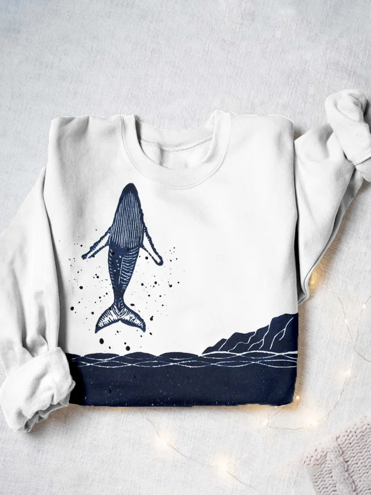Humpback Whale Lino Art Crew Neck Comfy Sweatshirt