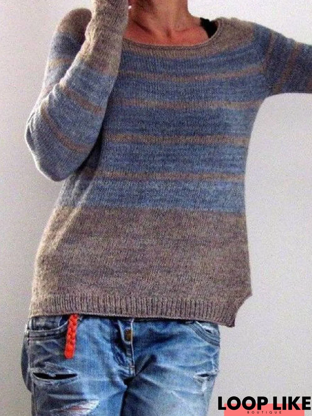 Blue Casual Knitted Round Neck Sweater