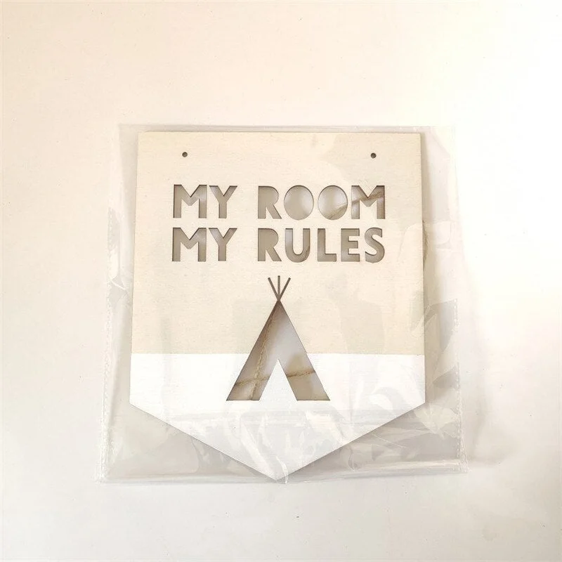 INS Wooden Positive Slogan Banner MY ROOM MY RULES Wood Chip For Kids Room Decoration Ornaments Wall Hanging Garland Photo Props