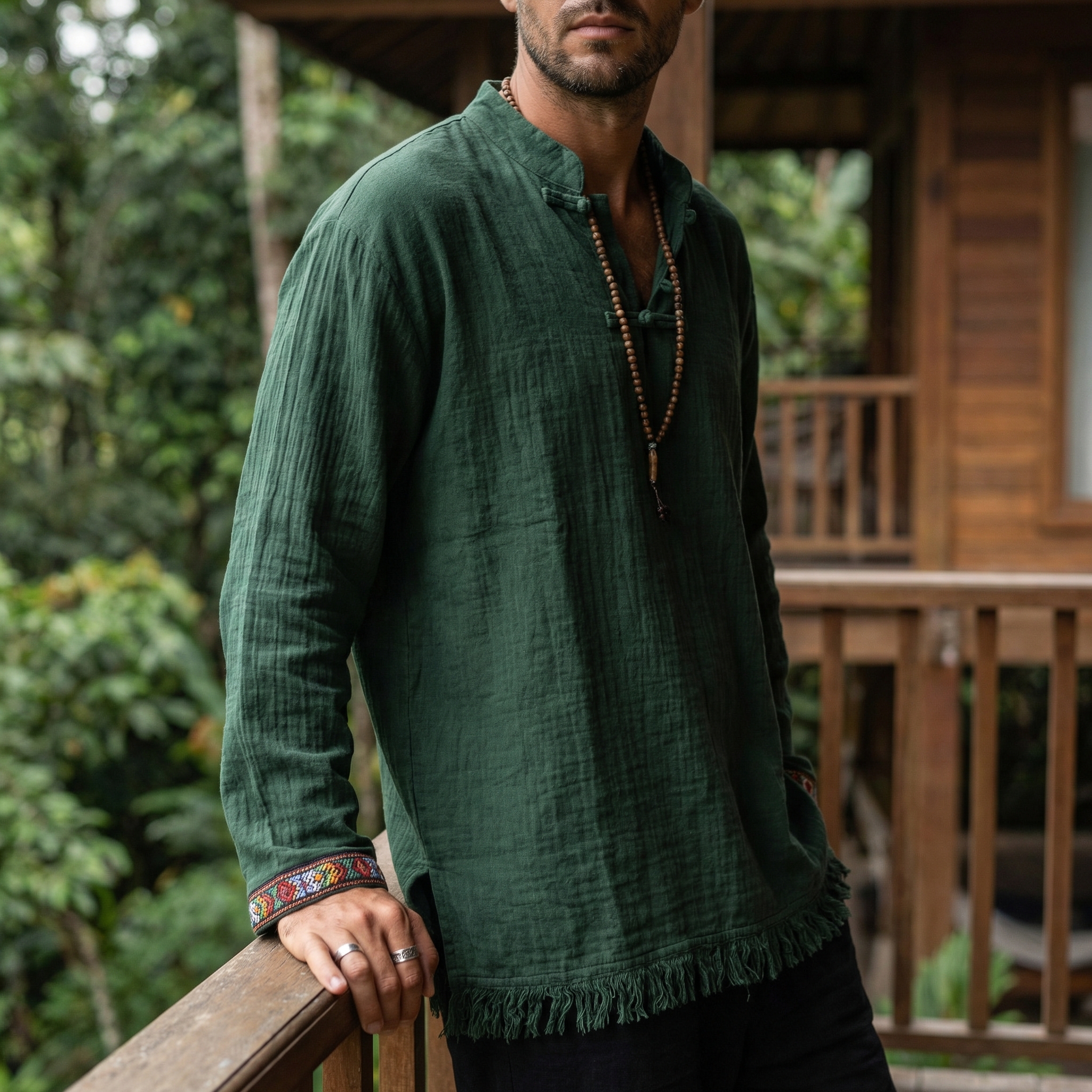 Linen-Blend Draped Men's Tunic with Fringe Hem - Boho Style Long Sleeve Loose Top