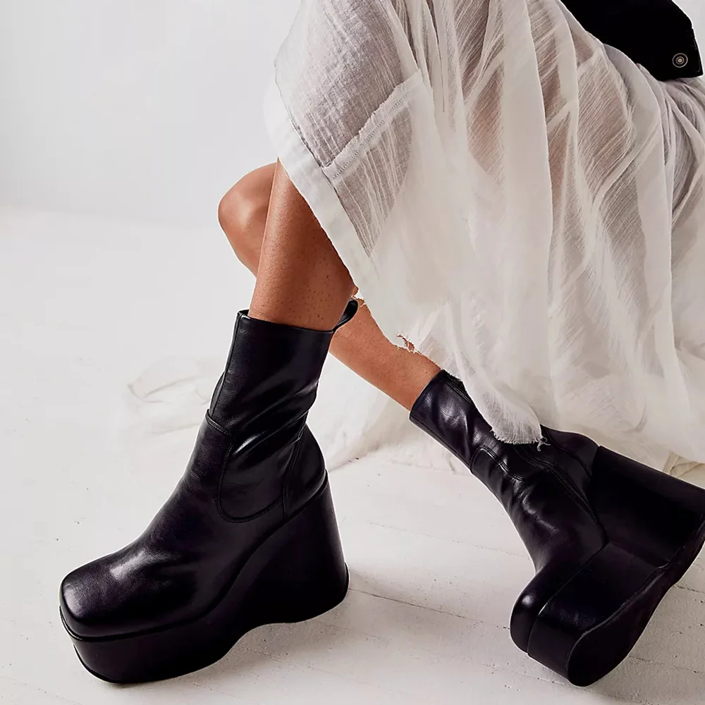 Black Square Toe Platform Boots Elastic Leather Ankle Boots With Wedge Heel