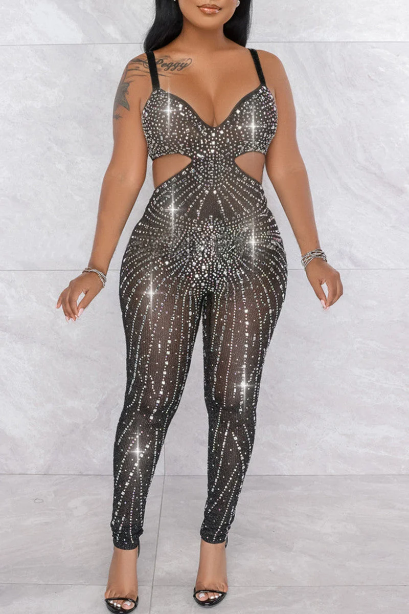 Fashion Sexy Patchwork Hot Drilling Hollowed Out Backless Spaghetti Strap Skinny Jumpsuits
