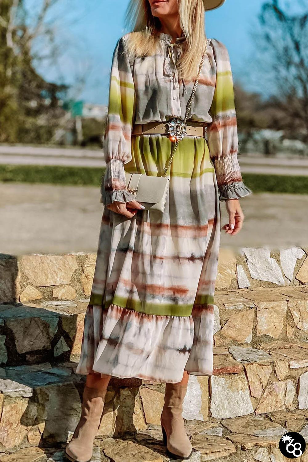 Multicolor Lace Up Tie-dye Print Long Shirt Dress | 168DEAL