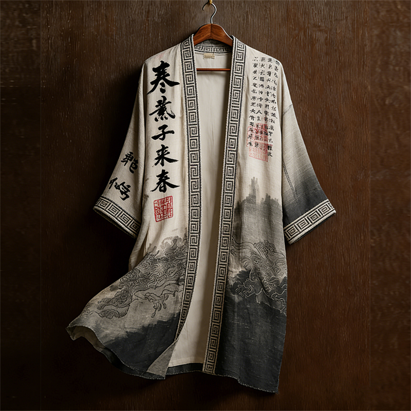 Men's Japanese Dragons Mountains Landscape Linen Long Kimono elevenforest