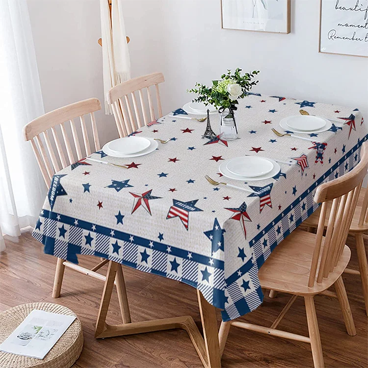 Independence Day Star Blue Plaid Rectangle Tablecloth Holiday Party Decorations Polyester Tablecloth for Kitchen Dining Decor
