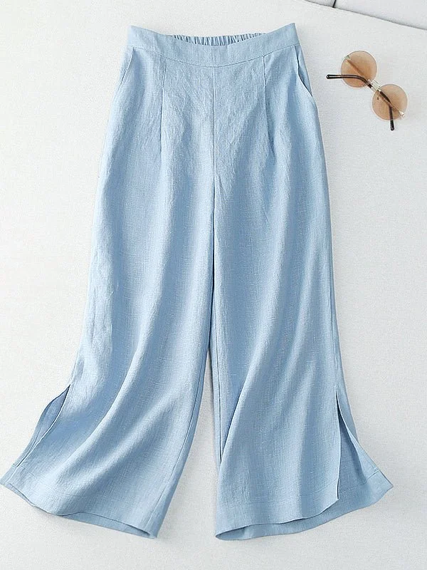 100% Linen Wide-Leg Casual Cropped Pants With Pockets
