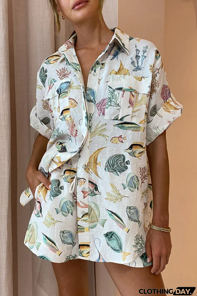 Casual Vacation Print Animal Pocket Turndown Collar Short Sleeve Two Pieces