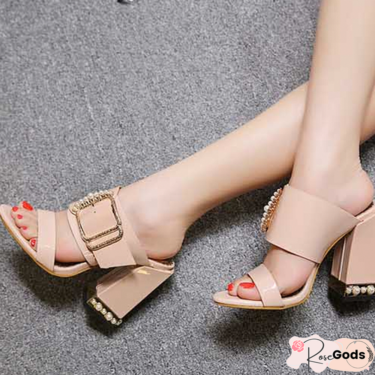 Women Crystal Buckle Square Heel Sandals Mules Slippers Slides Shoes