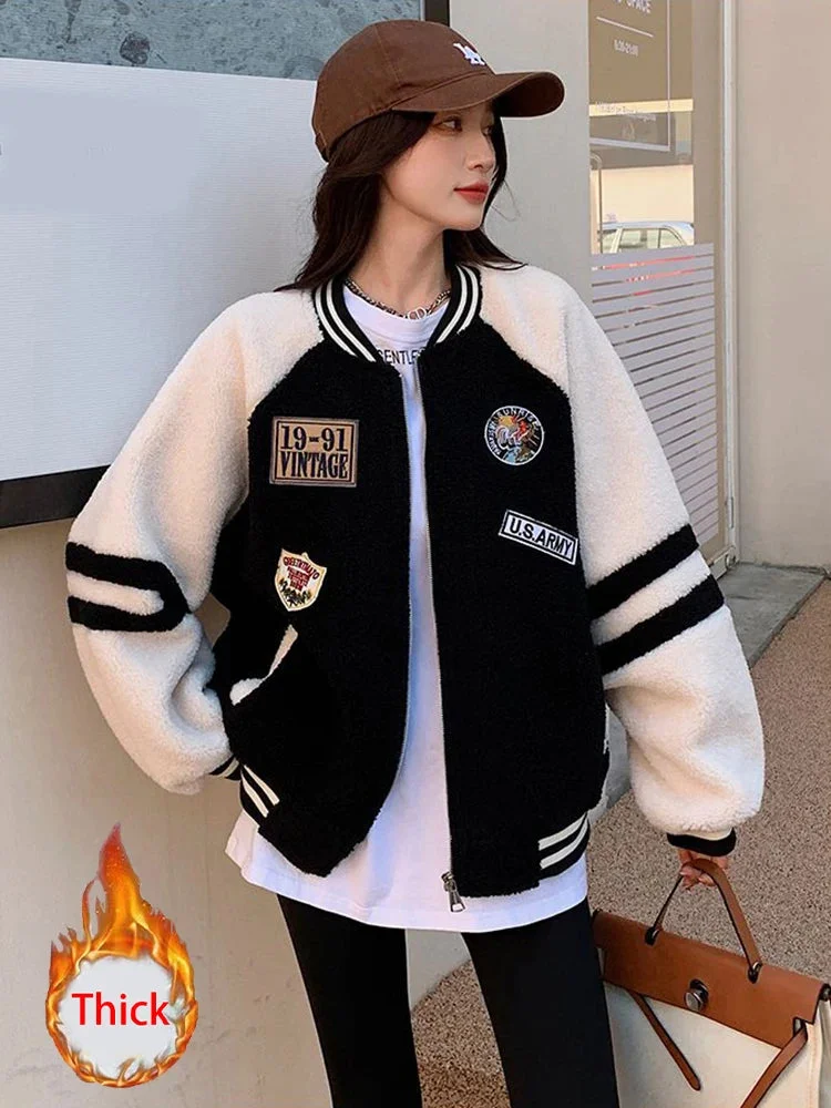 Oocharger Winter Thick Faux Lamb Baseball Coat Women Harajuku Loose Letter Patchwork Jacket Korean Streetwear Warm Bf Casual Outwear