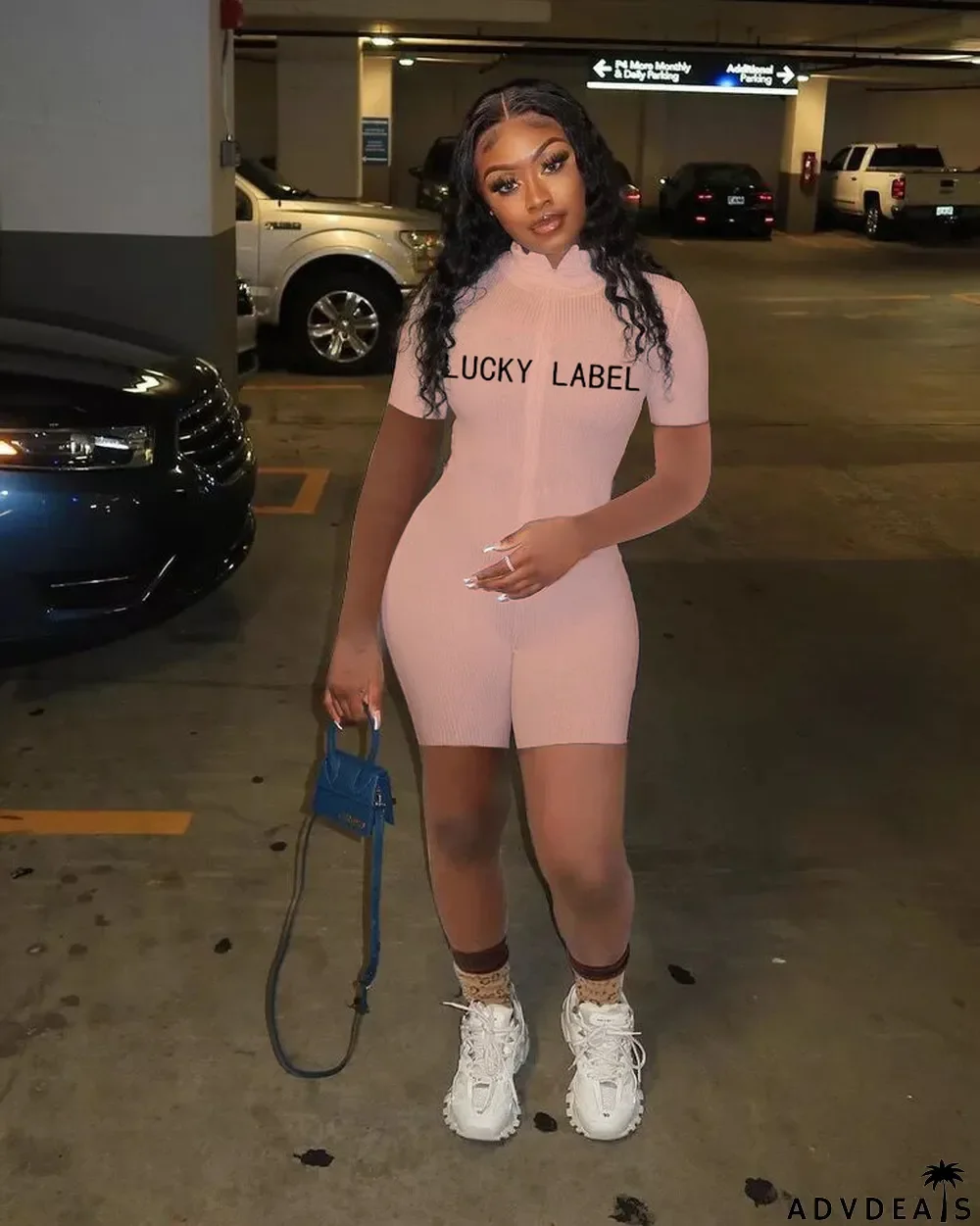 Turtleneck Threaded Letter Zipper Jumpsuit