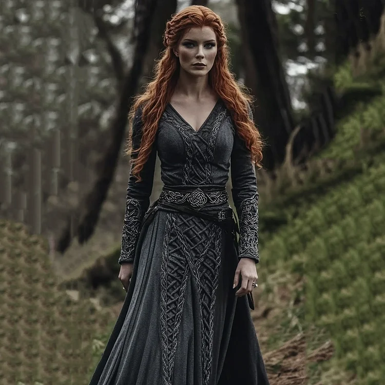 Women&lsquo;s Vintage Viking Celtic Knot Embroidery Art Long Sleeve Mixi Dress