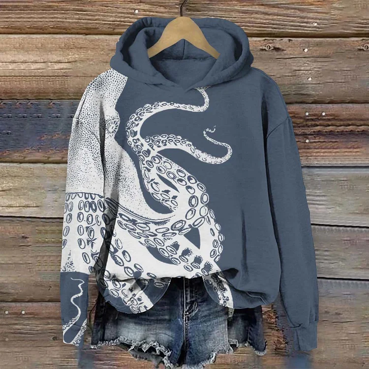 Japanese Art Octopus Print Long Sleeve Hoodie