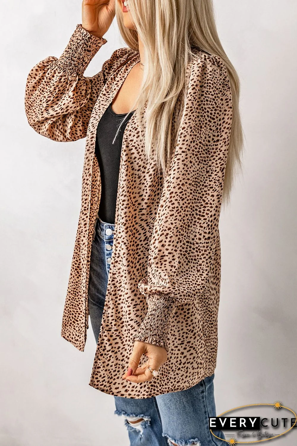 Apricot Animal Print Shirred Cuff Lantern Sleeve Cardigan