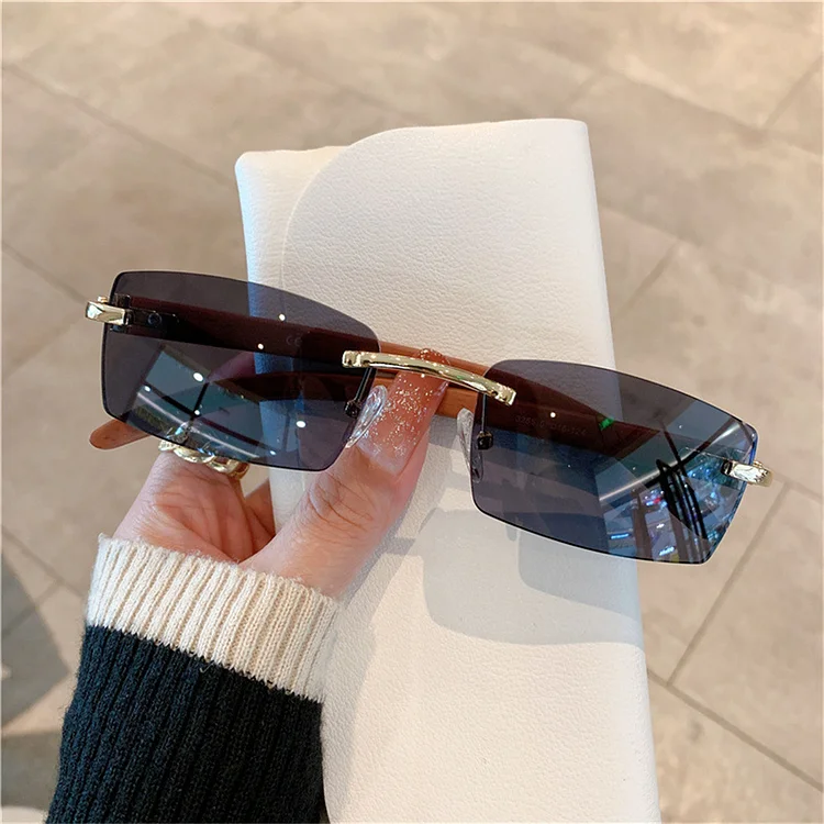 Rectangle Rimless Sunglasses Wooden Frame Eyewear Luxury Brand Design Women Men Small Square Sun Glasses for Male Traveling 2024