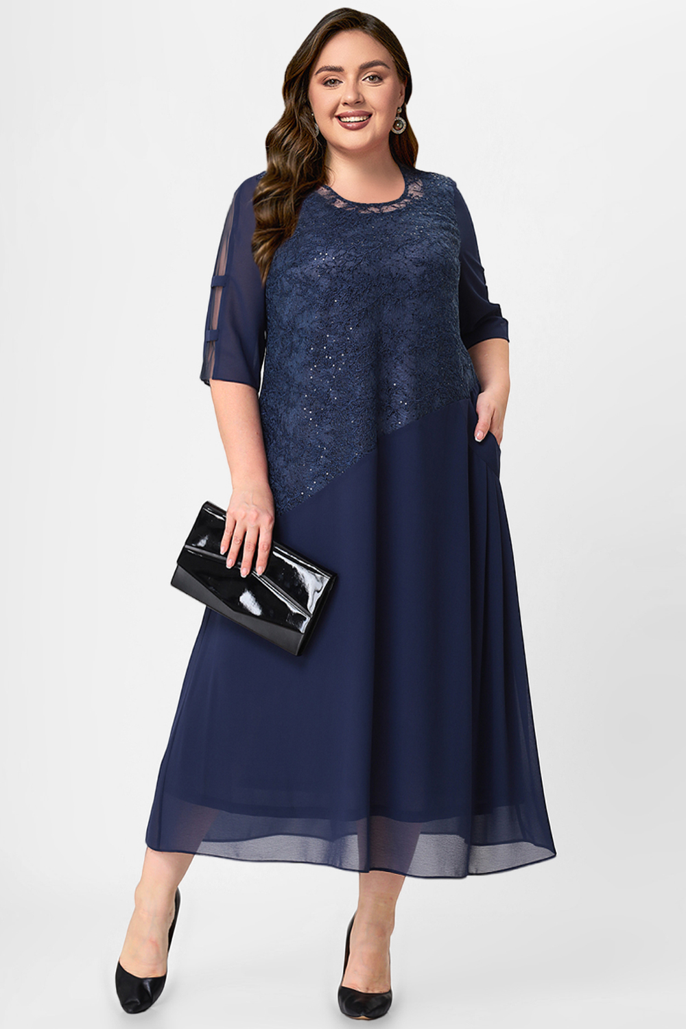 Flycurvy Plus Size Mother Of The Bride Navy Blue Chiffon Sequined Lace Pocket 3/4 Sleeve Tea-Length Dress