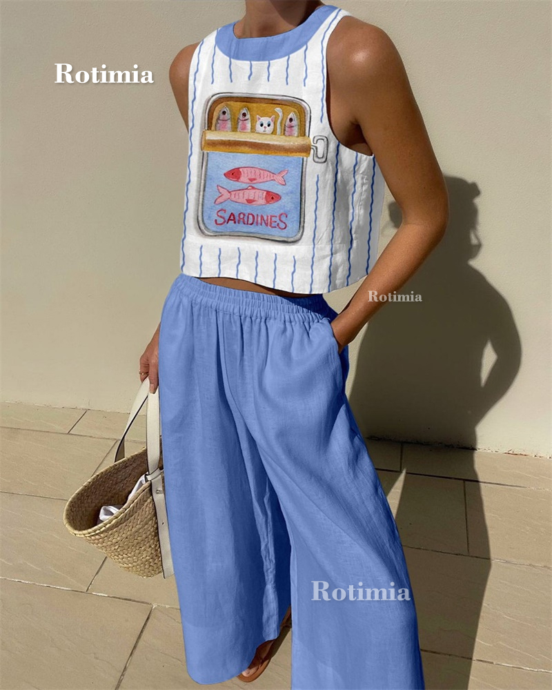 Sardine Cat Print Top & Pants Two-Piece Set