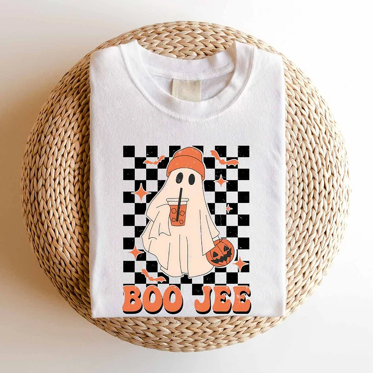 Boojee Funny Ghost Shirt Holding a Trick or Treat Bucket Sipping on Iced Coffee Hoodie, Sweatshirt, Tshirt